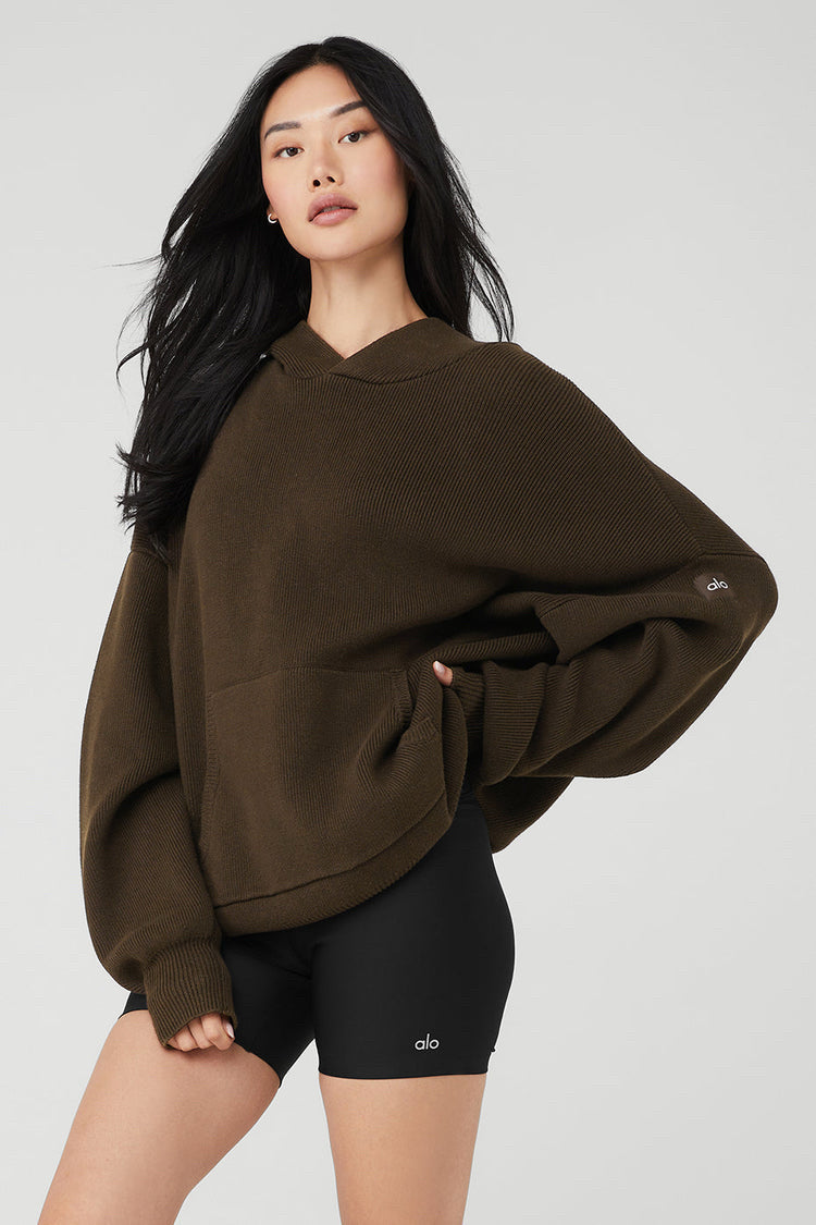 NWT Alo Yoga Scholar Hooded Espresso Sweater Wms Sz L Brown