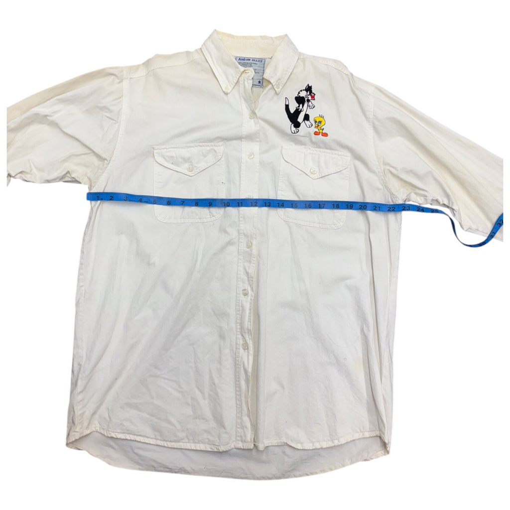 ANDREW BLUES Mens Y2k Vintage Tweety and Sylvester Embroidery White Long Sleeve Button Sz L