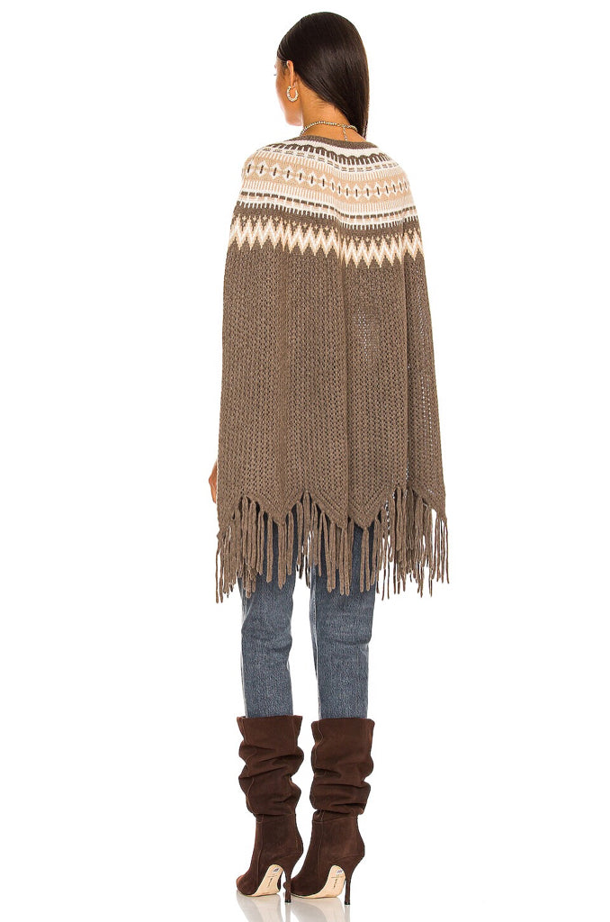 NWT Autumn Cashmere Fair Isle Pointelle Fringe Wmn Poncho One Sz Driftwood Camel