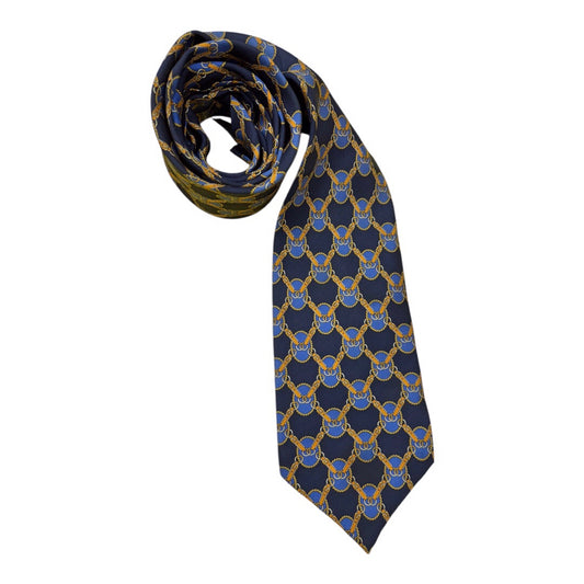 Burberry Navy Black 100% Silk Gold Blue Lock Chain Print Mns Tie