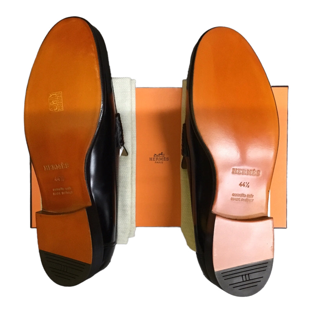 NWB Hermes Kennedy Loafer Mens Sz 44.5 Black Calf Skin Leather Slip Dress shoe