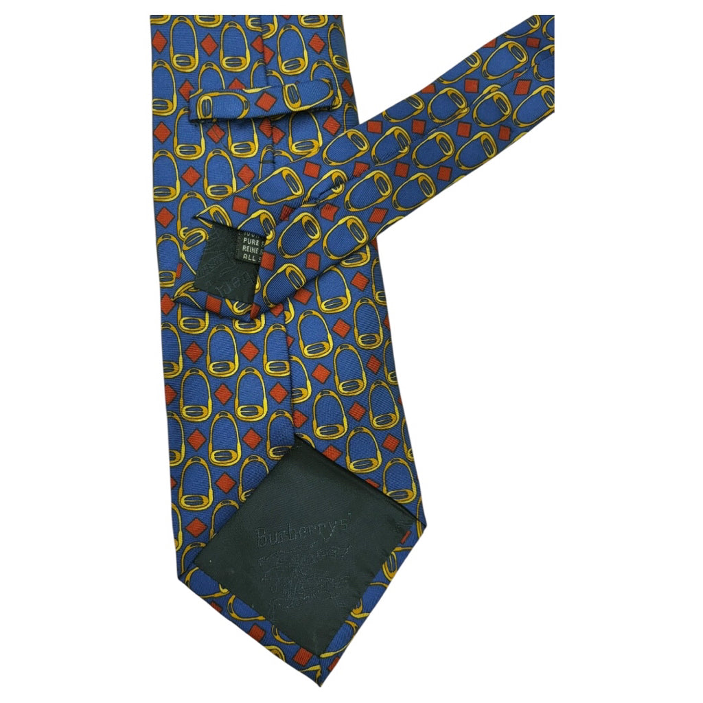 Vtg Burberry 100% Silk Navy Red Gold Pin Graphic Mns Tie