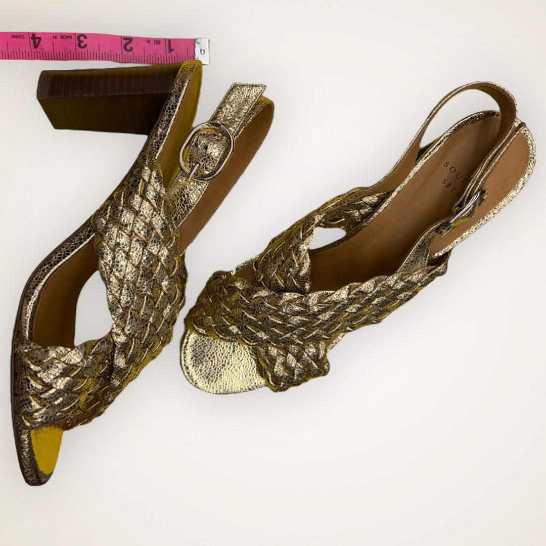 Sezane High Maude Size 38 gold metallic heel braided Sandal designer evening