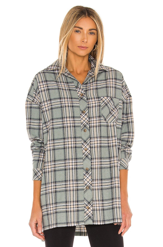 NWT Lover and Friends Gela Oversized Button Down Top Sage Plaid Wmns Sz S