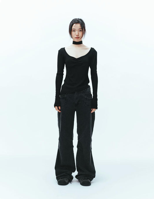 NWT Coyseio Black Flower Snap Denim Pants Korean Light Wash Sz 2