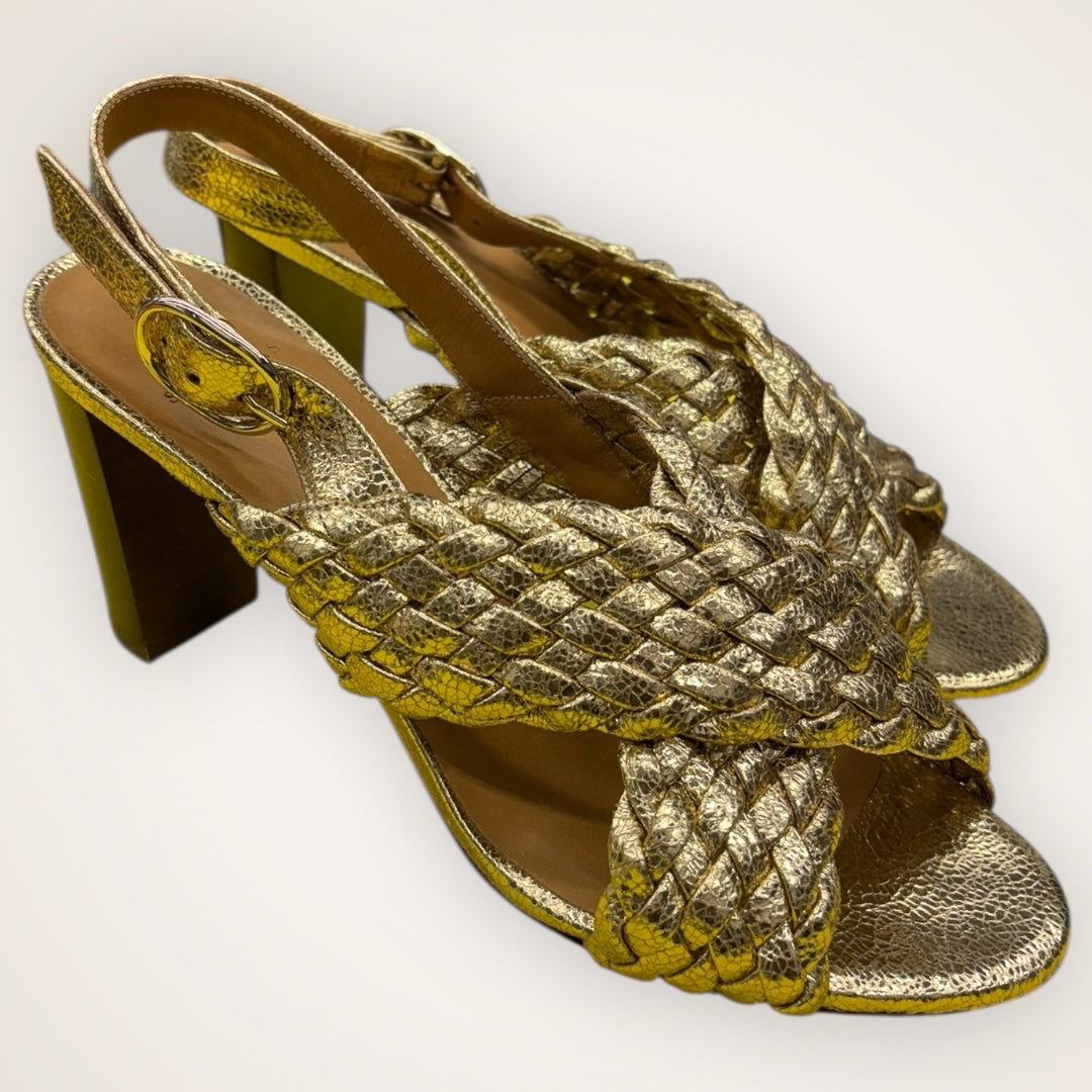 Sezane High Maude Size 38 gold metallic heel braided Sandal designer evening