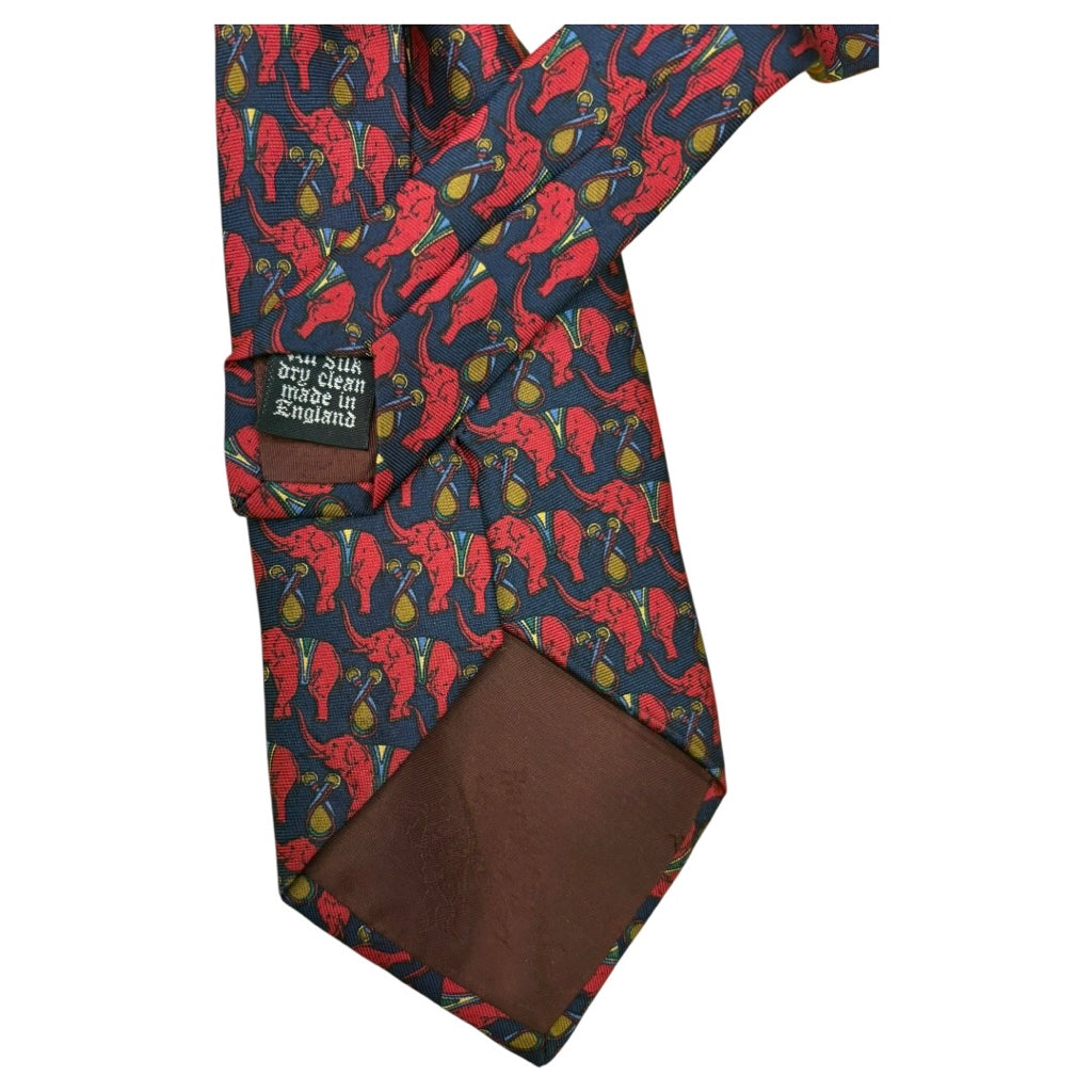 Burberry 100% Silk Navy Red Elephant Print Mns Tie