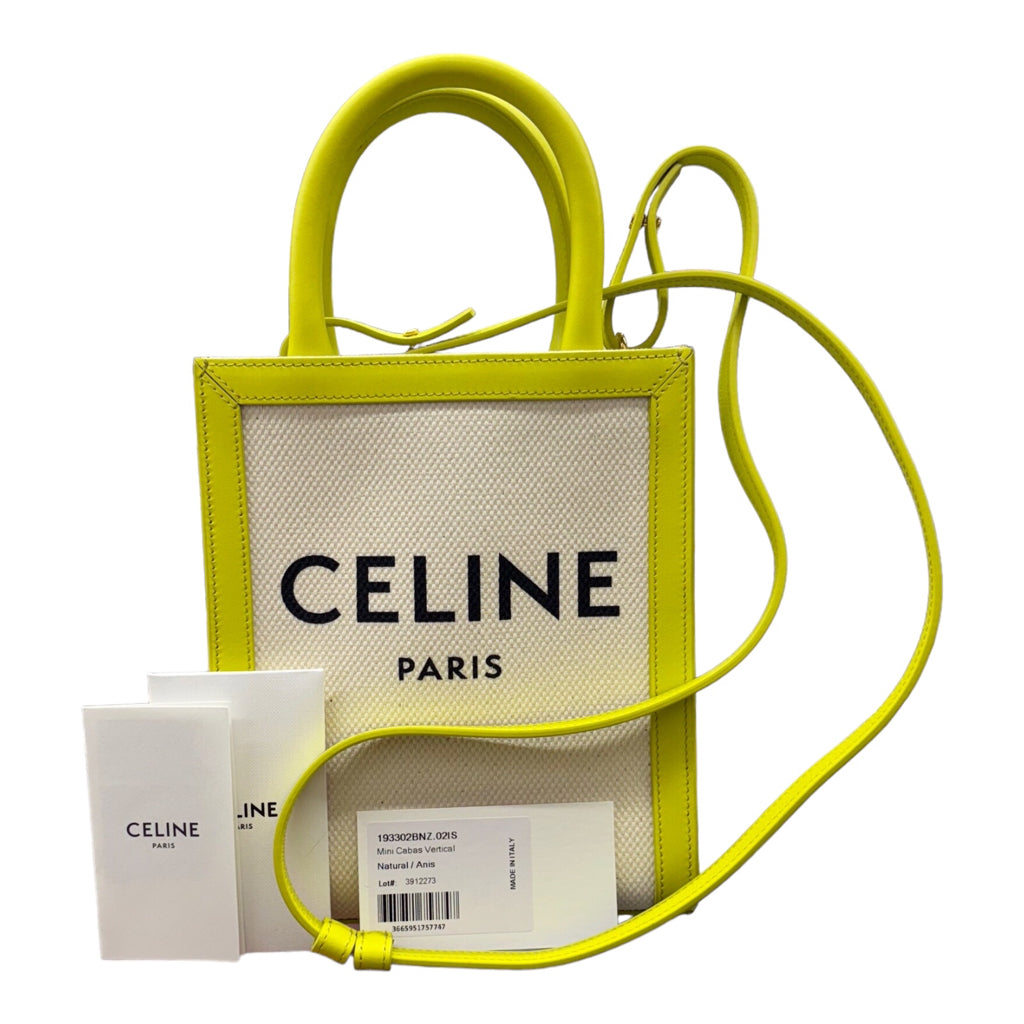 CELINE Mini Vertical Cabas Calfskin Canvas Shoulder Bag Lime Green conSHINEment