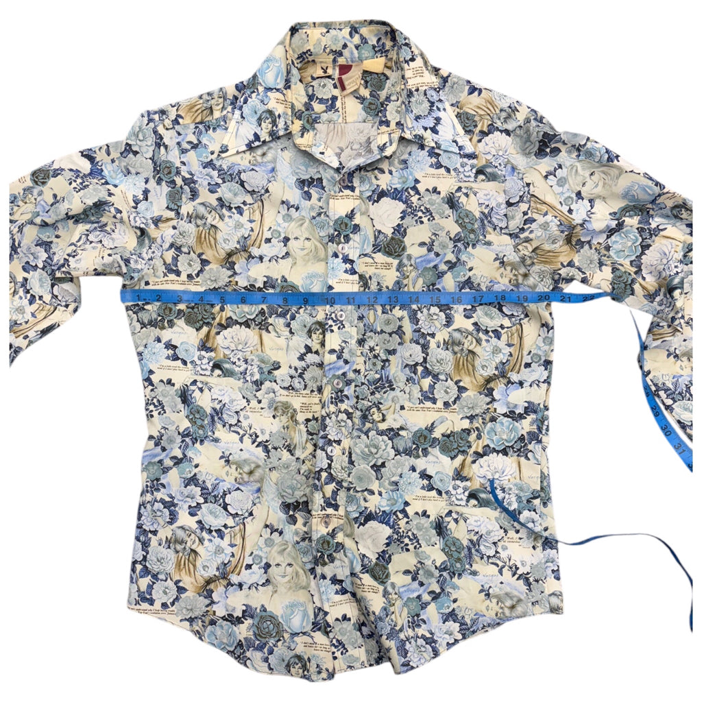 PLAYBOY Mens White Blue Vintage Y2k Floral Model Print Long Sleeve Button Sz L