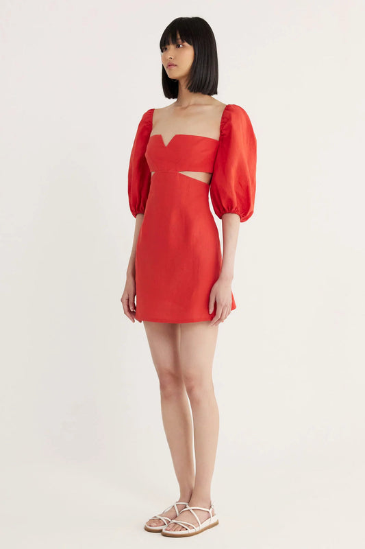 NWT Rumer Orange Freya Linen Mini Dress Tuscany Red Puffer Cut Outs Archive