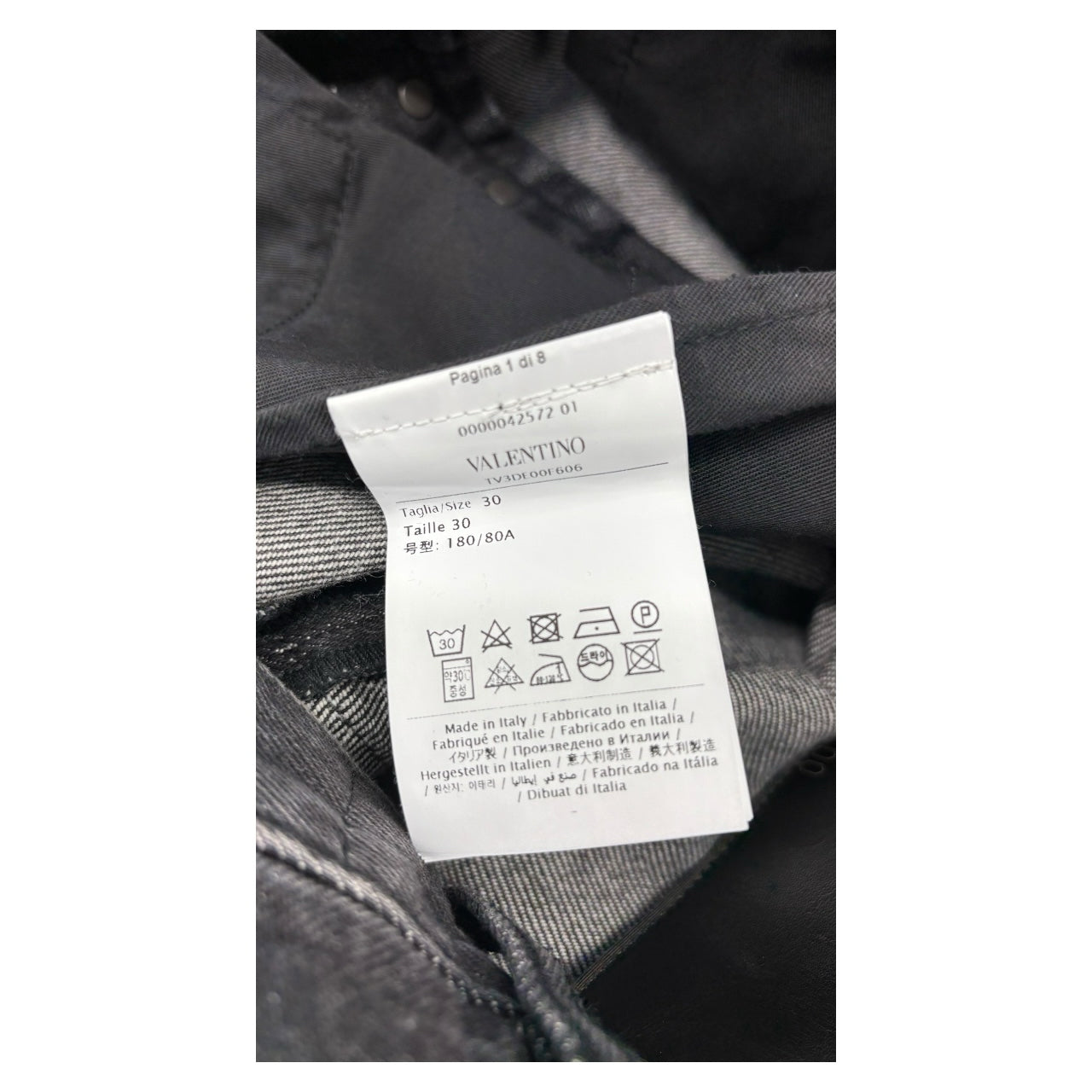 Valentino Straight Leg Big V Back Print Cuffed Black Gray Jeans Men Sz 30