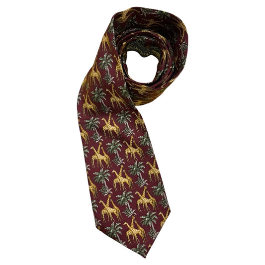 Burberry 100% Silk Burgundy Giraffe Palm Tree Print Mns Tie