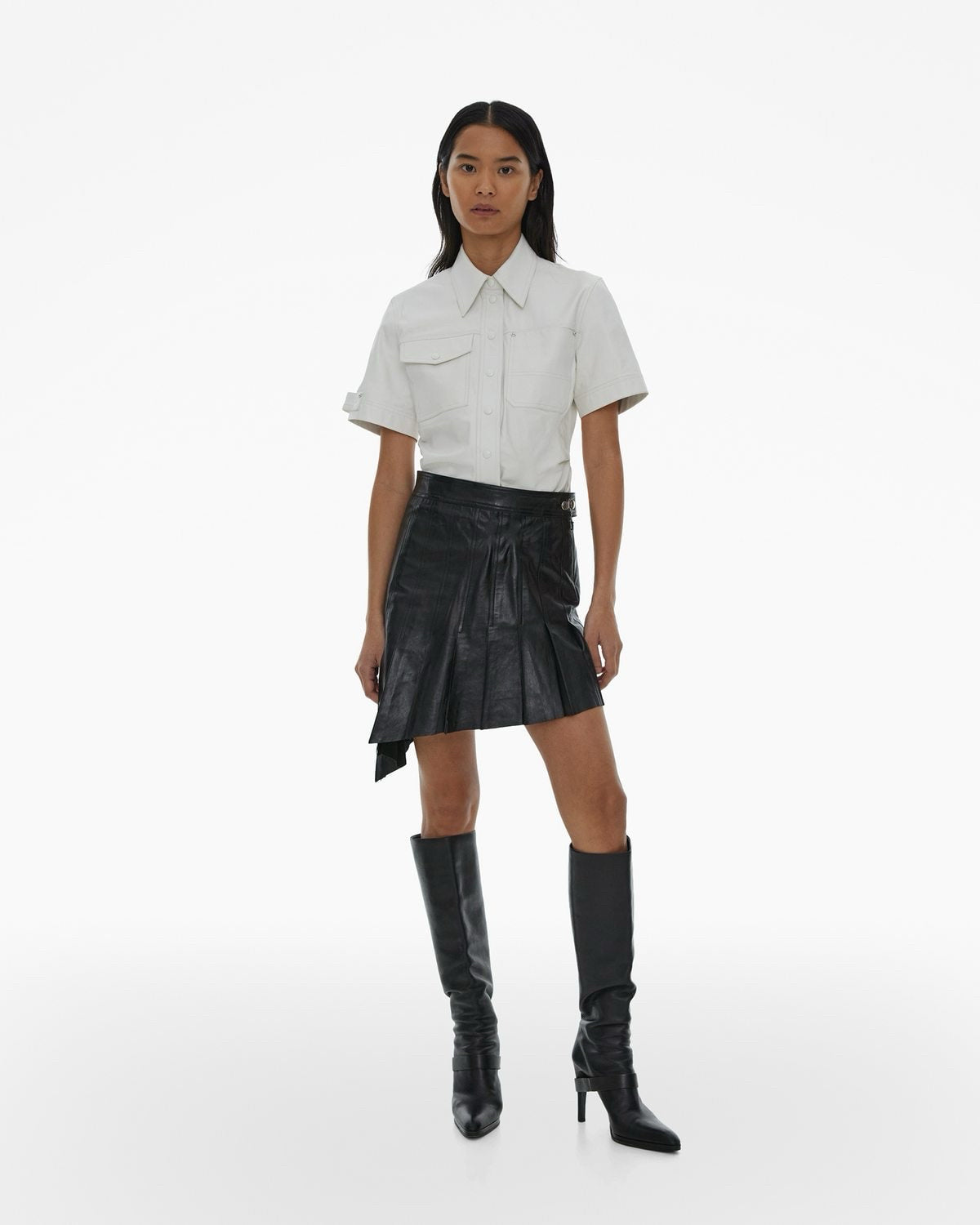 NWT Helmut Lang Pleated Asymmetrical Black Leather Skirt Clubbing Y2K Designer M
