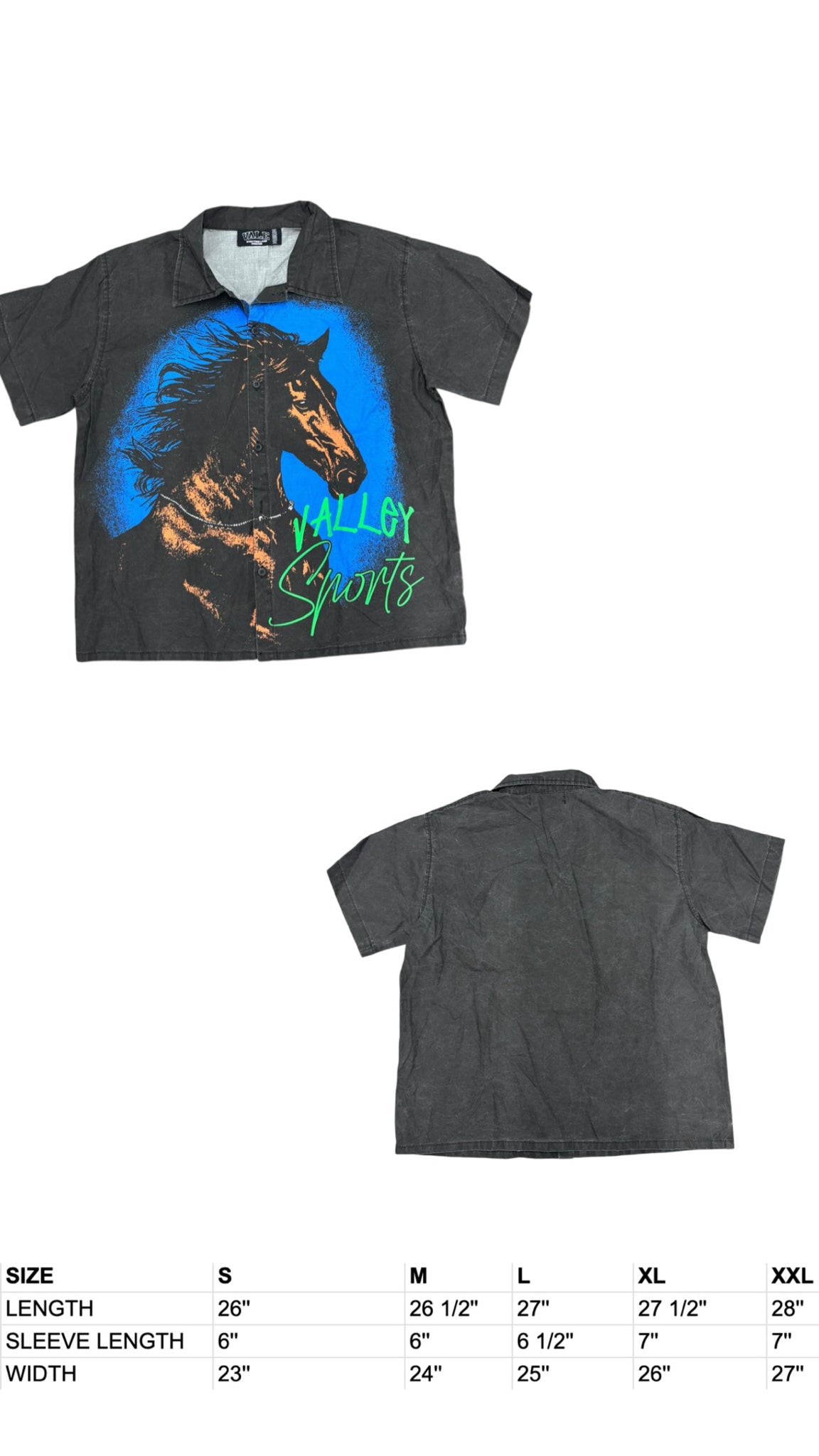 NWOT Vale Forever Mns M Black Light Wash SS Orange Blue Horse Graphic Button Up