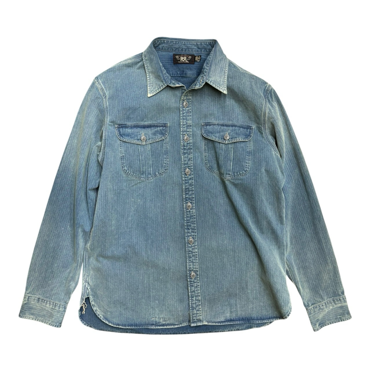 RRL Velvet Denim Pinstripe Fade Wash Blue Button Shirt Sz L