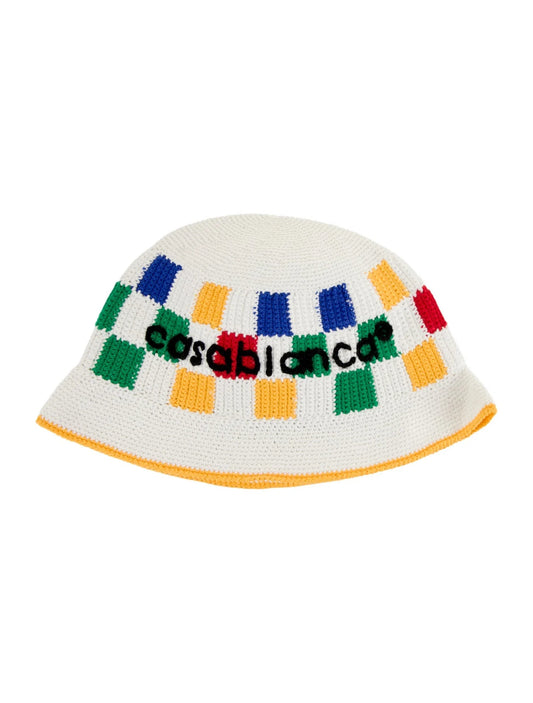 NWT CASABLANCA Checked Crochet Knit Bucket Hat White Embroidered Logo