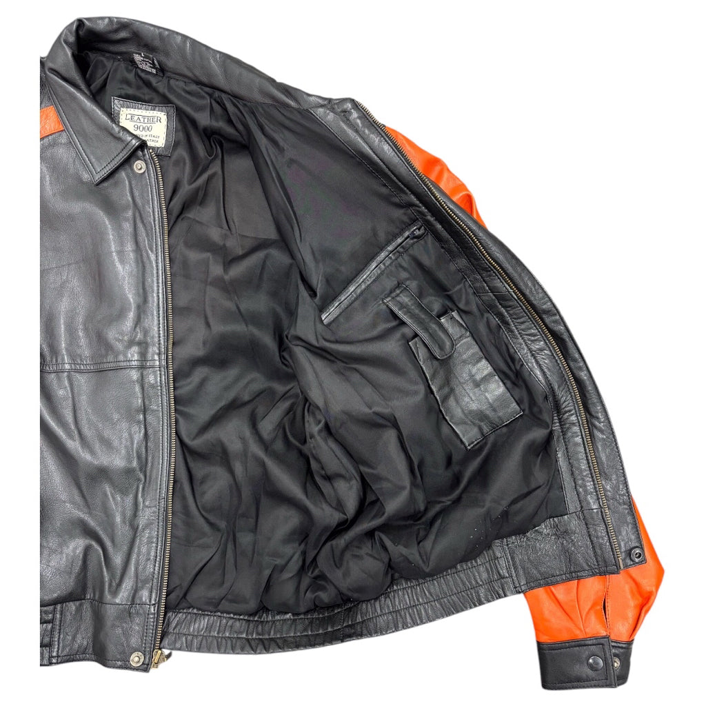 LEATHER 9000 Men's Embroidered Leather Varsity Jacket Orange Black Sz L