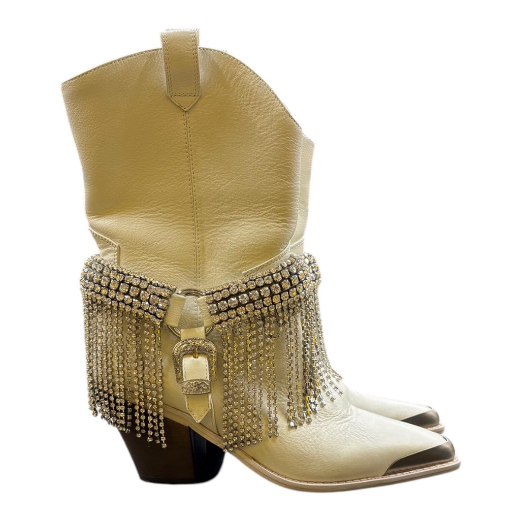 Daniel x Diamond High Noon Crystal-Harness White Western Heel Booties Shoe Wmns Sz 6 Boots