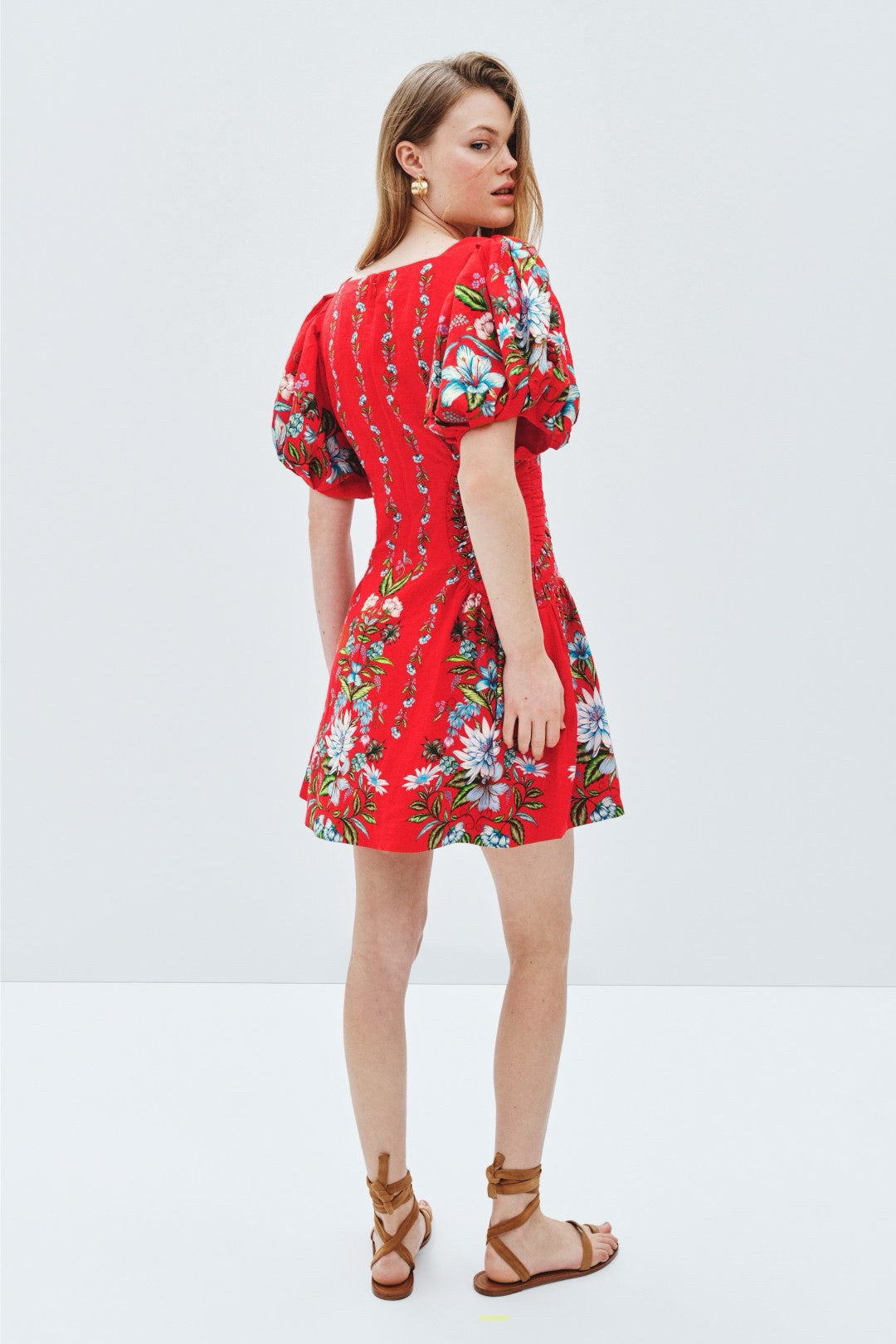 FARM Rio Red Floral Anthurium Leaves Dress Square Neckline Puff Sleeves