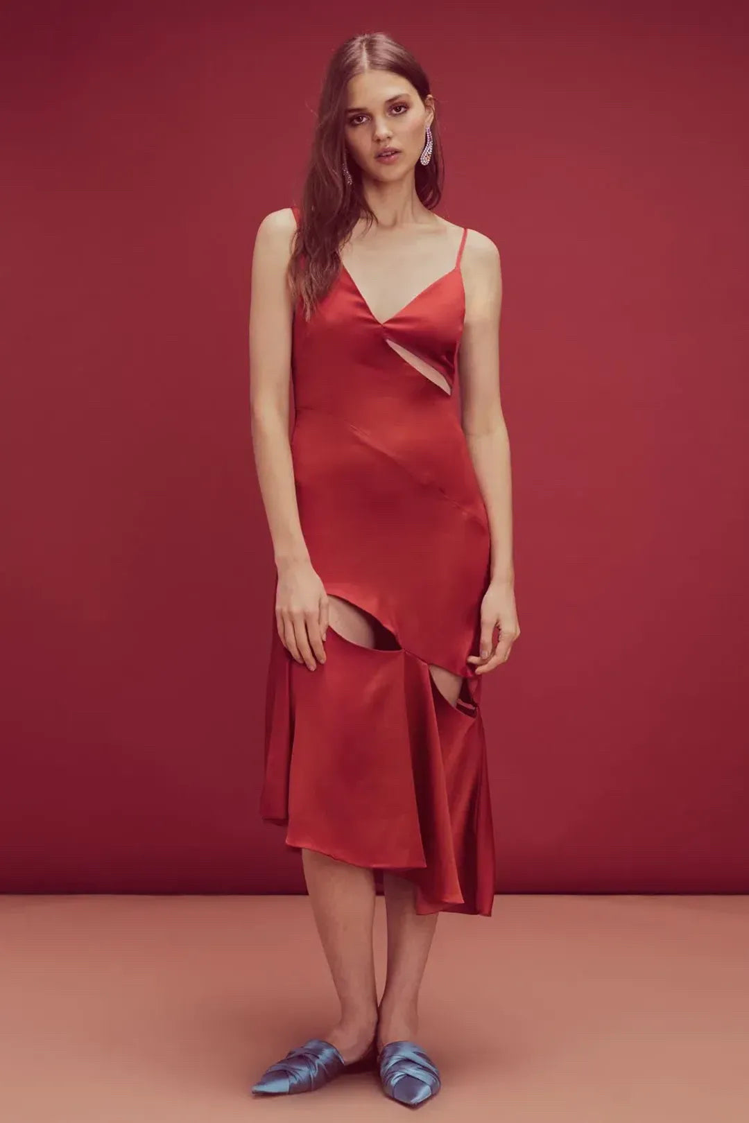 NWT For Love & Lemons Liv Cut Satin Maxi Dress Red Burnt Sienna Orange Wmns Sz M