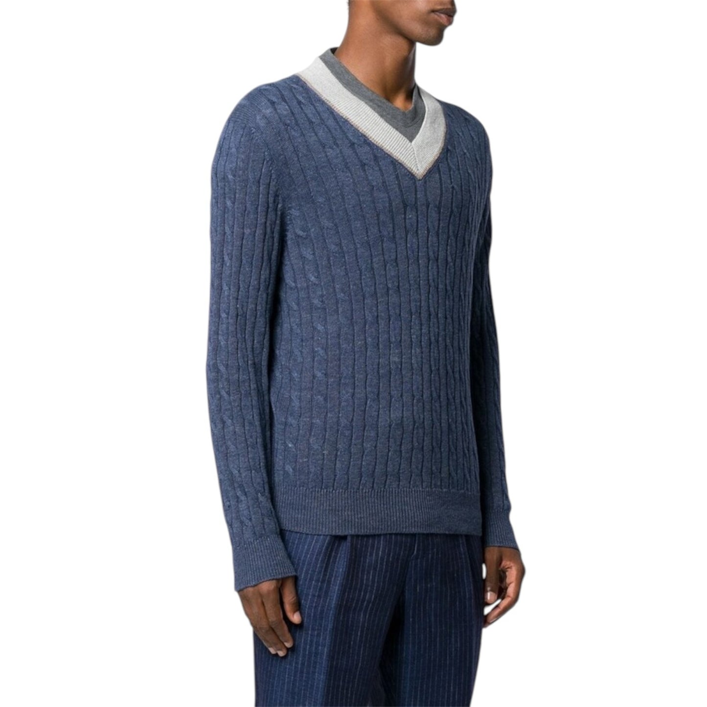 Brunello Cucinelli Men V Neck Cable Knit Blue Sweater Nwt Sz M