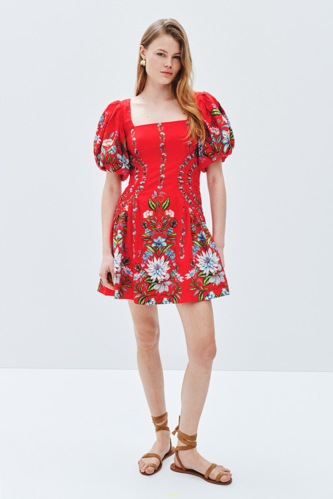 FARM Rio Red Floral Anthurium Leaves Dress Square Neckline Puff Sleeves