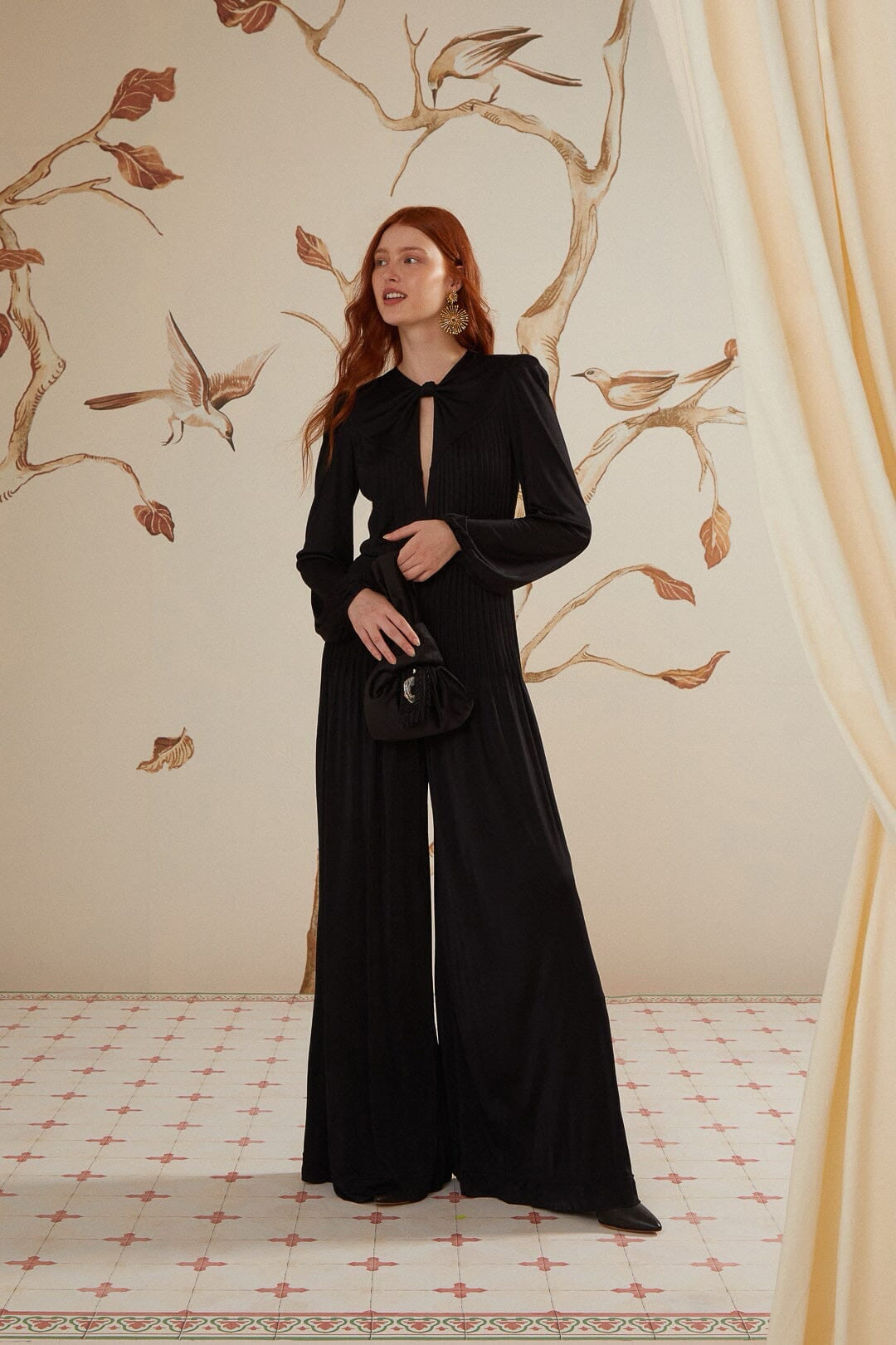 NWT FARM Rio Wmns Sz M Black Knot Long Balloon Sleeve Satin Pleated Jumpsuit