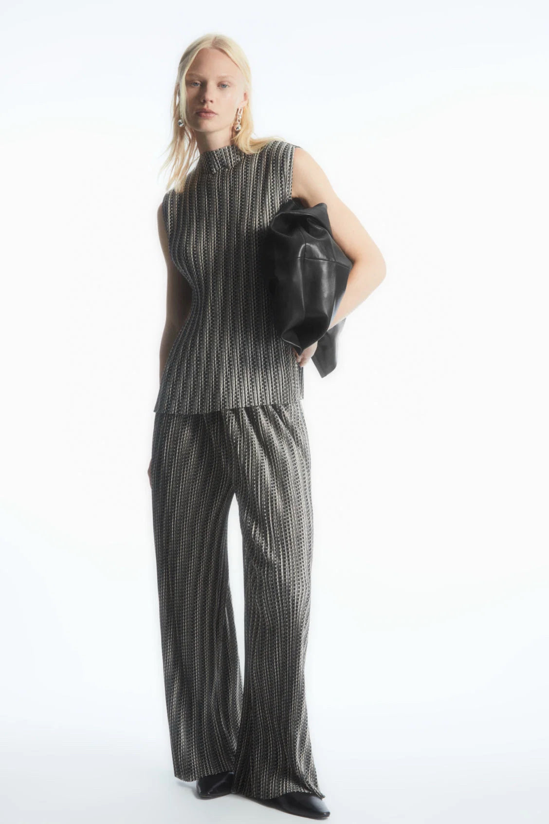 NWT COS Plisse Trousers Pleated Relaxed Fit Wide Leg Black White Printed