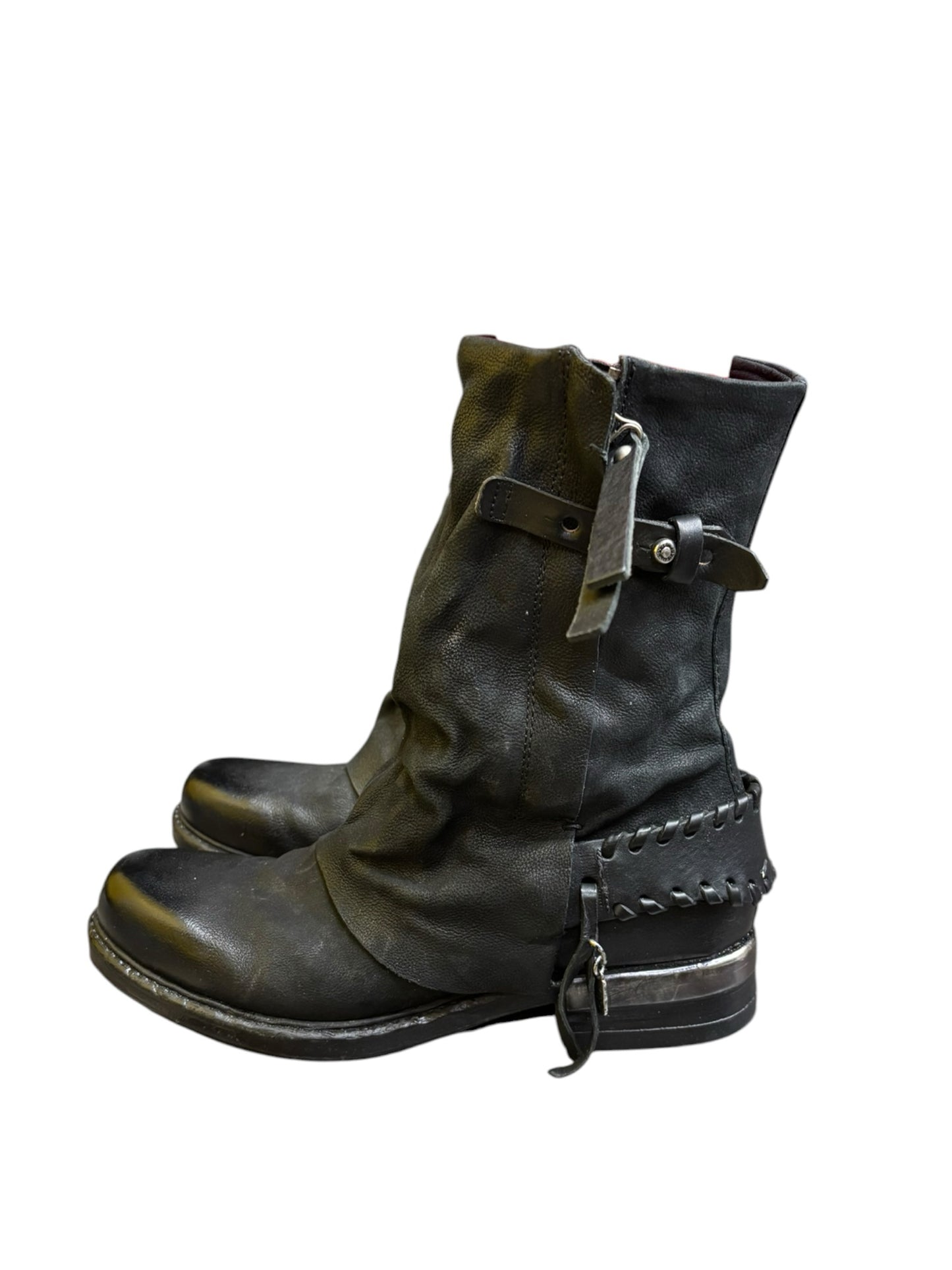 A.S.98 Archibald Black Leather Whipstitch Spur Back Strap Double Zipper Boot
