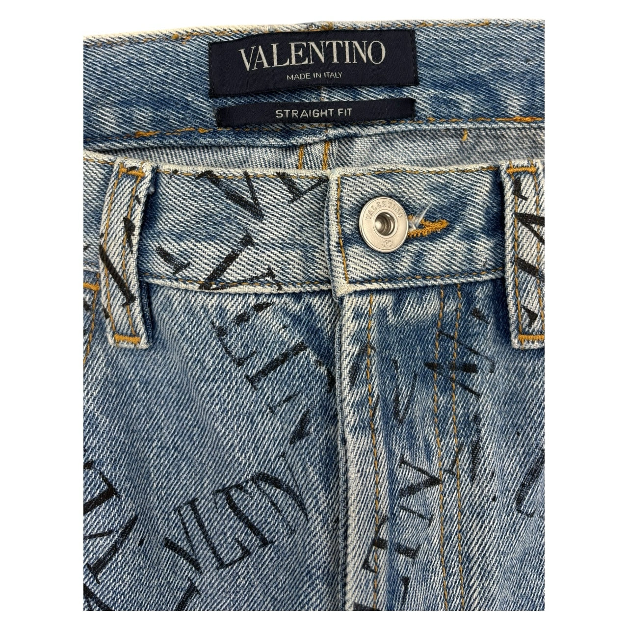 Valentino VLTN Name Grid Print Light Wash Straight Leg Cuffed Jeans Men Sz 30