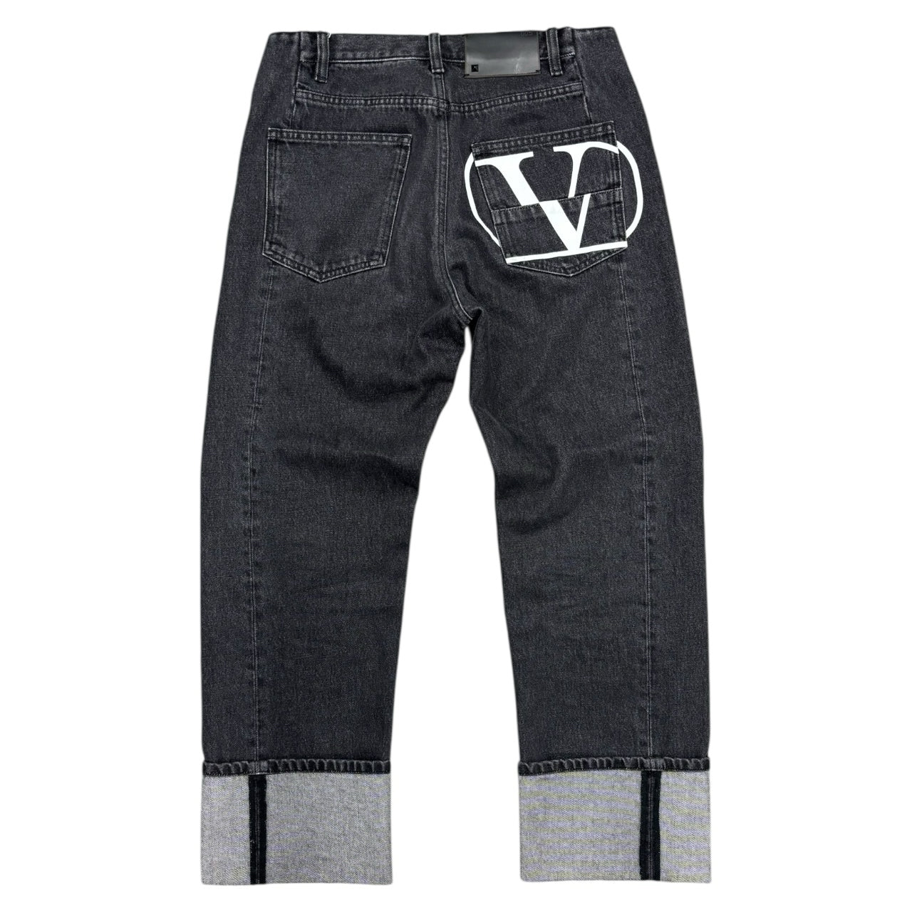 Valentino Straight Leg Big V Back Print Cuffed Black Gray Jeans Men Sz 30