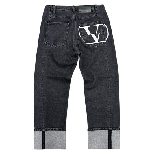 Valentino Straight Leg Big V Back Print Cuffed Black Gray Jeans Men Sz 30
