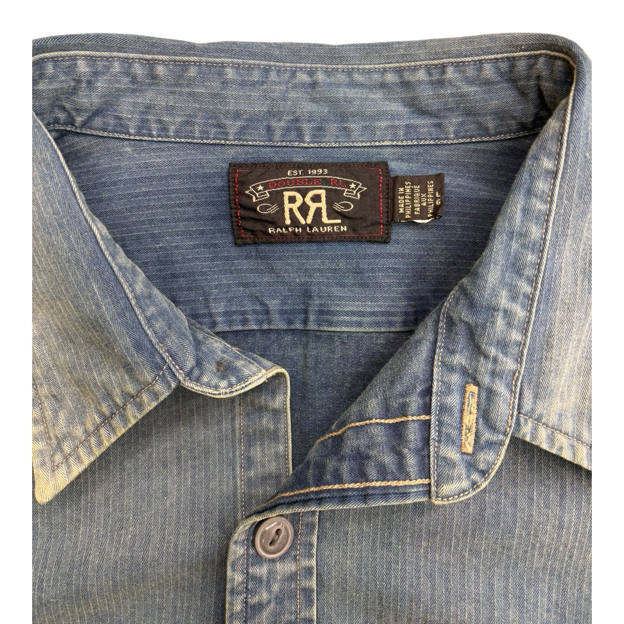 RRL Velvet Denim Pinstripe Fade Wash Blue Button Shirt Sz L