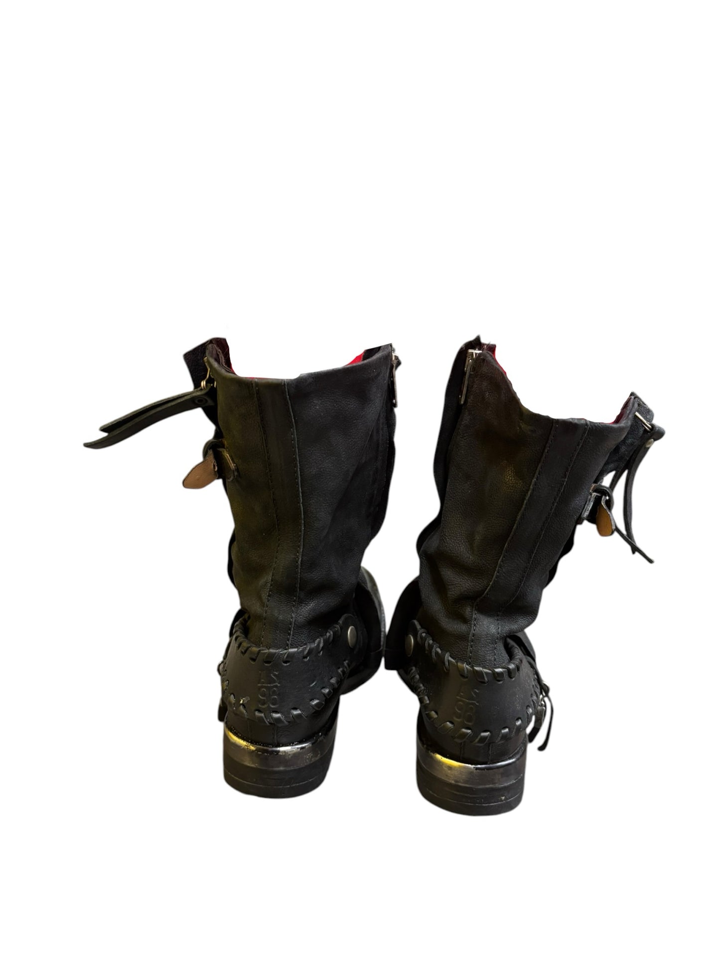 A.S.98 Archibald Black Leather Whipstitch Spur Back Strap Double Zipper Boot