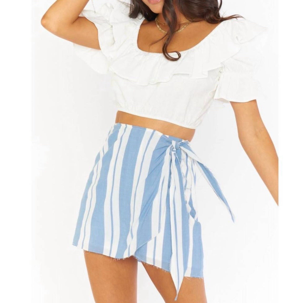 Show Me Your MuMu Iva Wrap Blue White Striped Women Skirt Sx L NWT