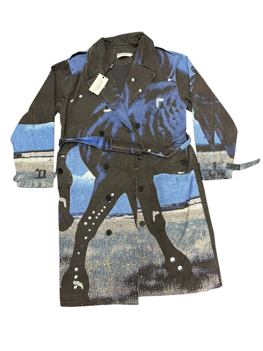 NWT Vale Forever Mns S Black Blue Doberman Horse Graphic Trench Coat Jacket