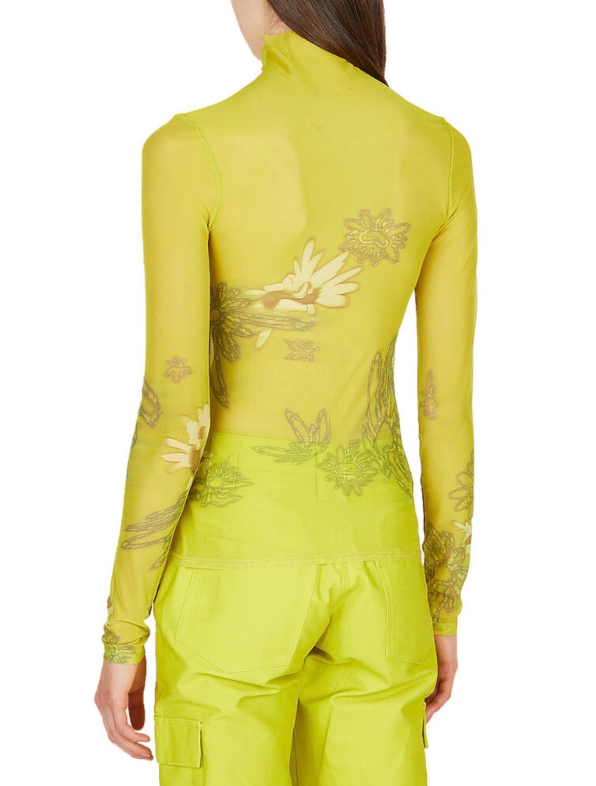 NWT Collina Strada Basically Green Mesh Cardio Nova Top Sz S LS Floral Mock Neck