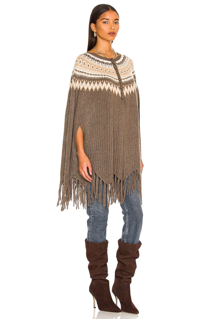 NWT Autumn Cashmere Fair Isle Pointelle Fringe Wmn Poncho One Sz Driftwood Camel