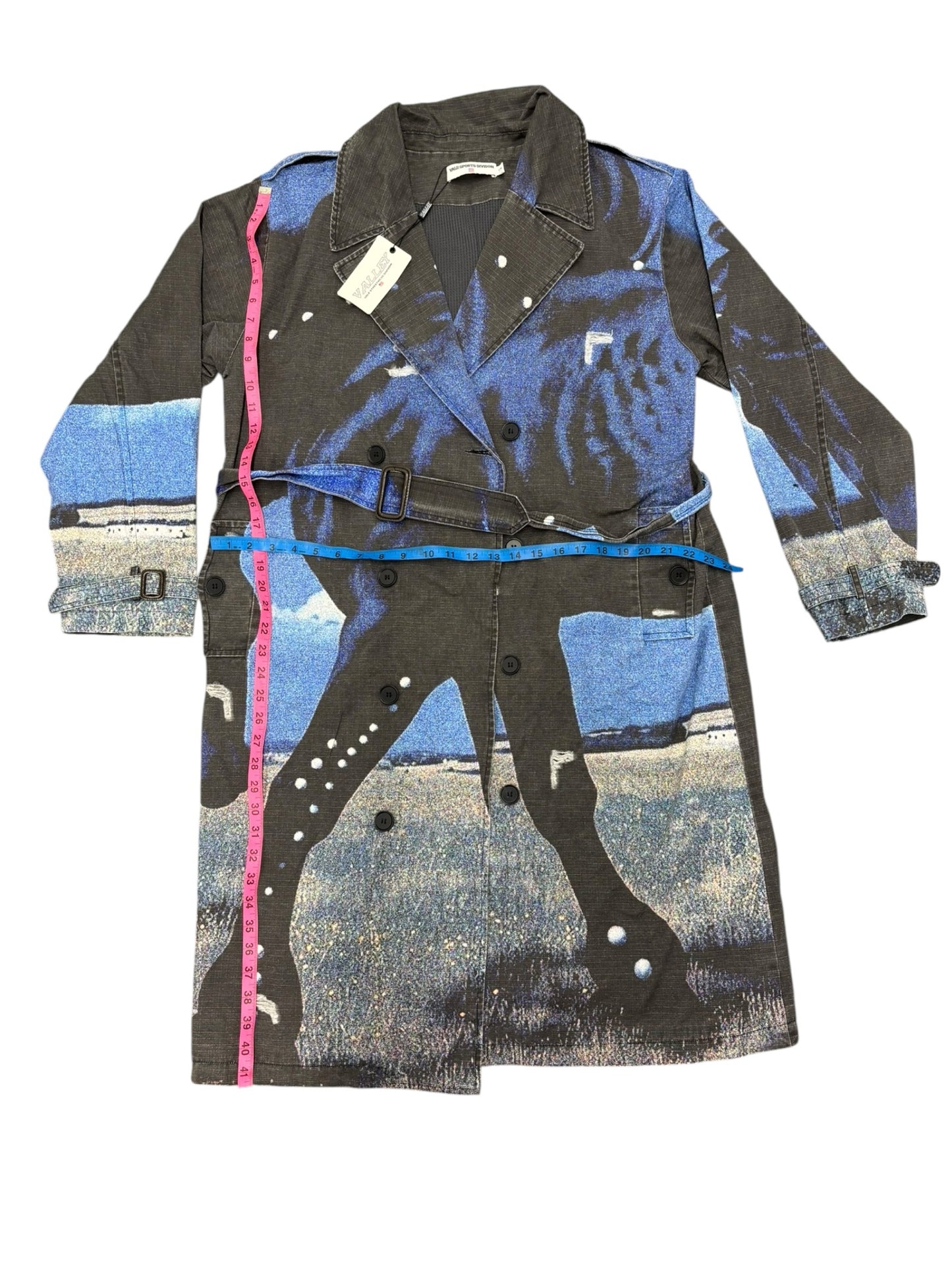 NWT Vale Forever Mns S Black Blue Doberman Horse Graphic Trench Coat Jacket