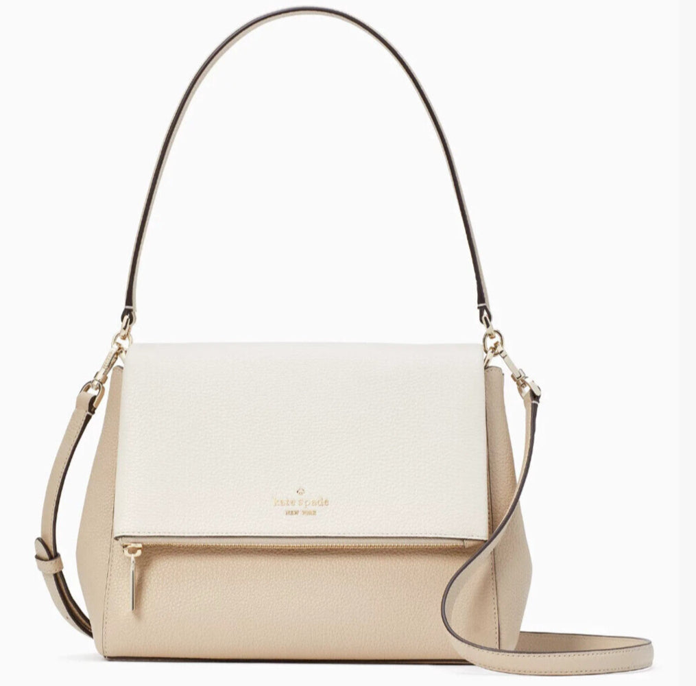 Kate Spade Beige White leila medium flap shoulder bag Tan Cream purse handbag