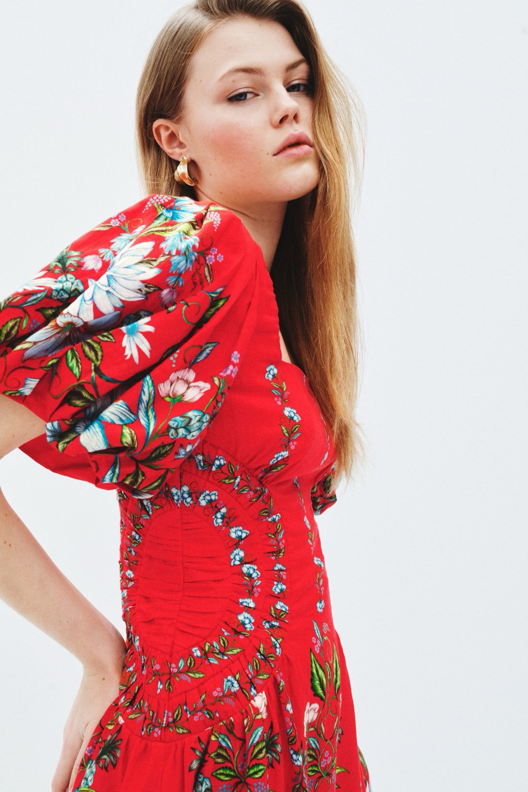 FARM Rio Red Floral Anthurium Leaves Dress Square Neckline Puff Sleeves