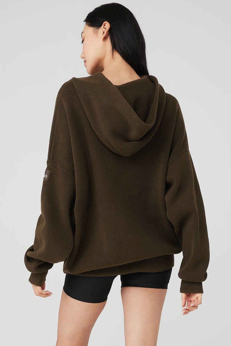 NWT Alo Yoga Scholar Hooded Espresso Sweater Wms Sz L Brown