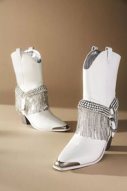 Daniel x Diamond High Noon Crystal-Harness White Western Heel Booties Shoe Wmns Sz 6 Boots