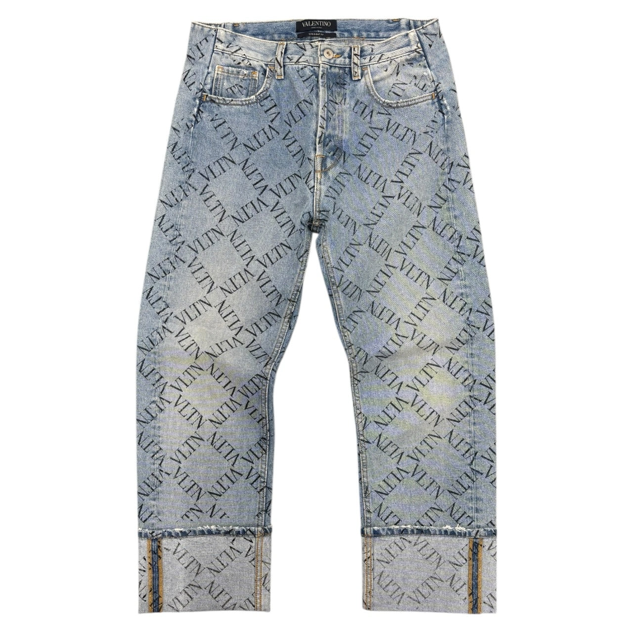 Valentino VLTN Name Grid Print Light Wash Straight Leg Cuffed Jeans Men Sz 30