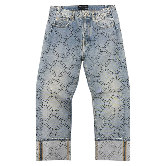 Valentino VLTN Name Grid Print Light Wash Straight Leg Cuffed Jeans Men Sz 30