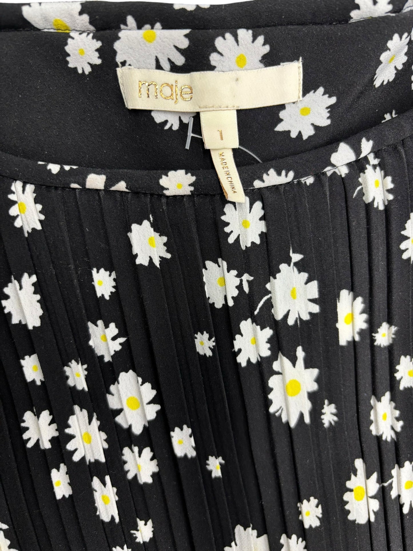 NWOT Maje Wmns Sz 1 Rockiz Daisy Print Long Sleeve Pleated Black Dress