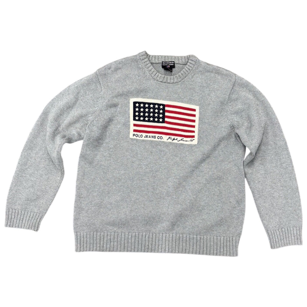 Polo Jeans Co Ralph Lauren Mens Y2k American Flag Gray Grey Knit Crewneck Pullover Sweater Sz L