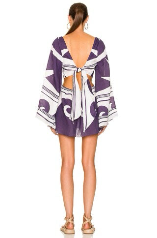 NWT $1890 Johanna Ortiz Wave After Wave Organic Linen Purple White Mini Dress Sz L