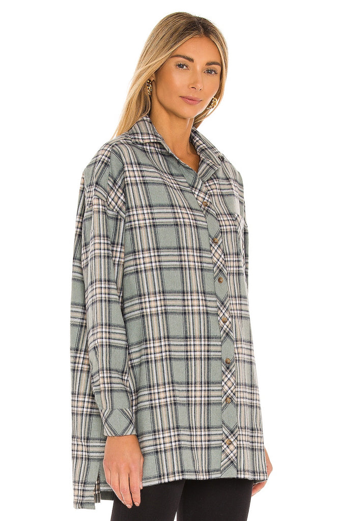 NWT Lover and Friends Gela Oversized Button Down Top Sage Plaid Wmns Sz S