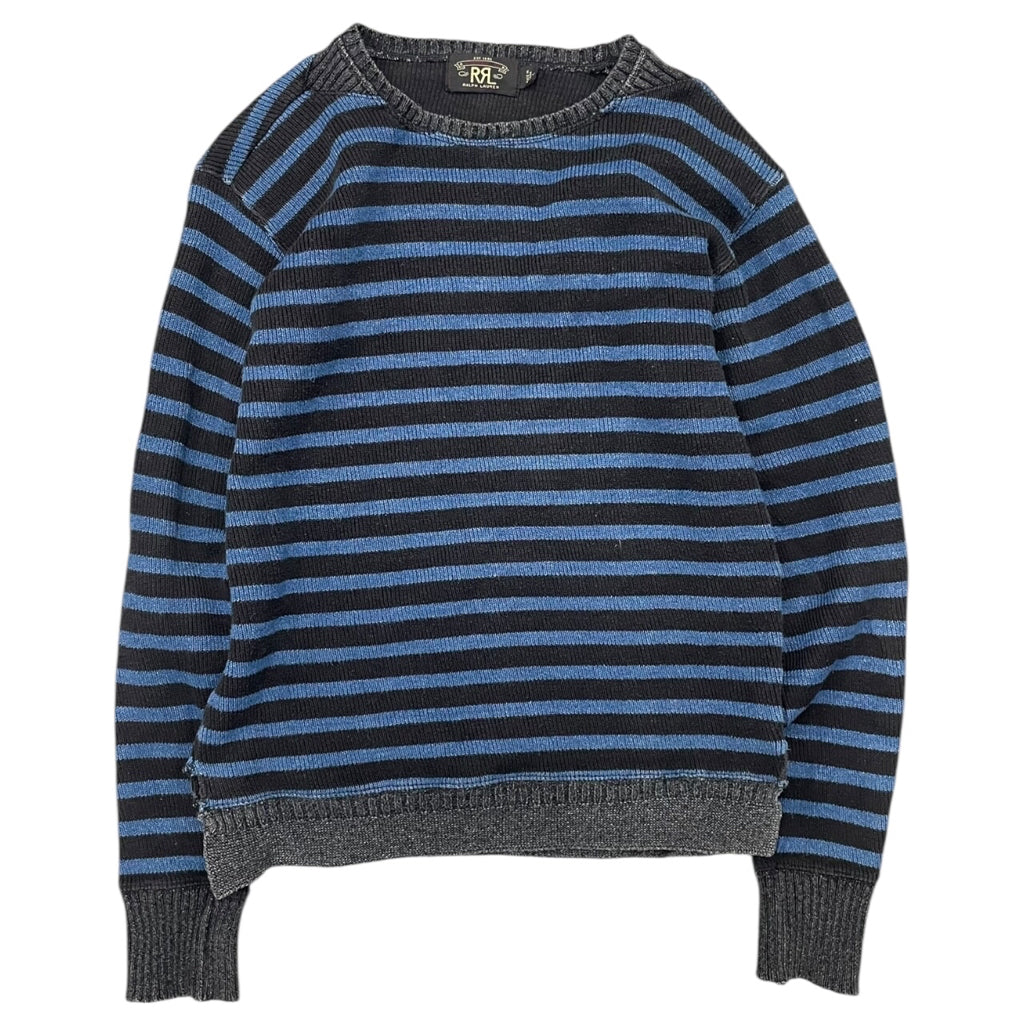 RRL Ralph Lauren Navy Blue and Black Knit Striped Distressed Sweater Men Sz M